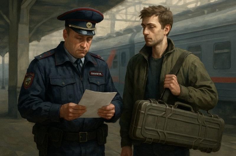 полицейский на вокзале проверяет сертификат на привод